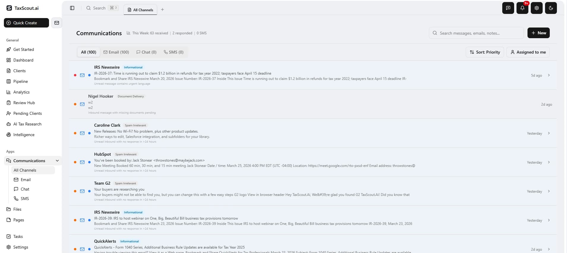 Communication Hub — unified inbox with AI priority scoring across email, chat, and SMS