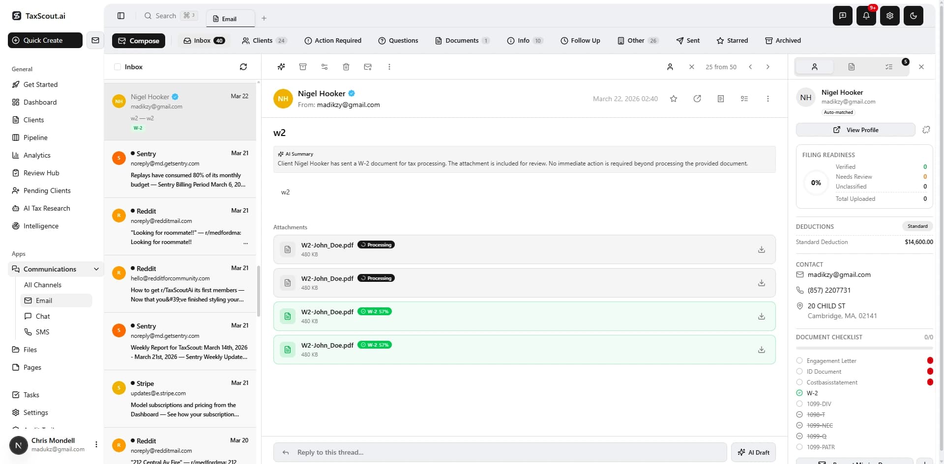 Email dashboard with AI classification and context sidebar