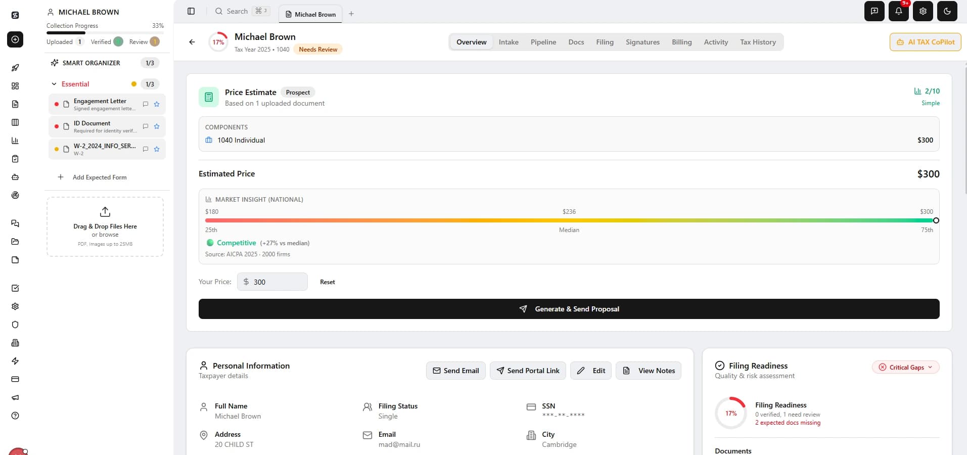 Revenue Engine — lead detail with AI pricing, market benchmarks, complexity score, and Generate Proposal button