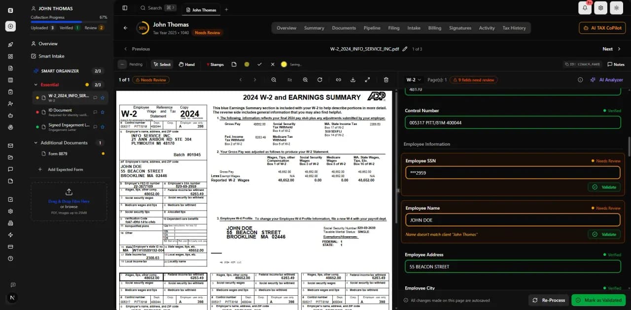 Split-screen PDF viewer — extracted data alongside original document
