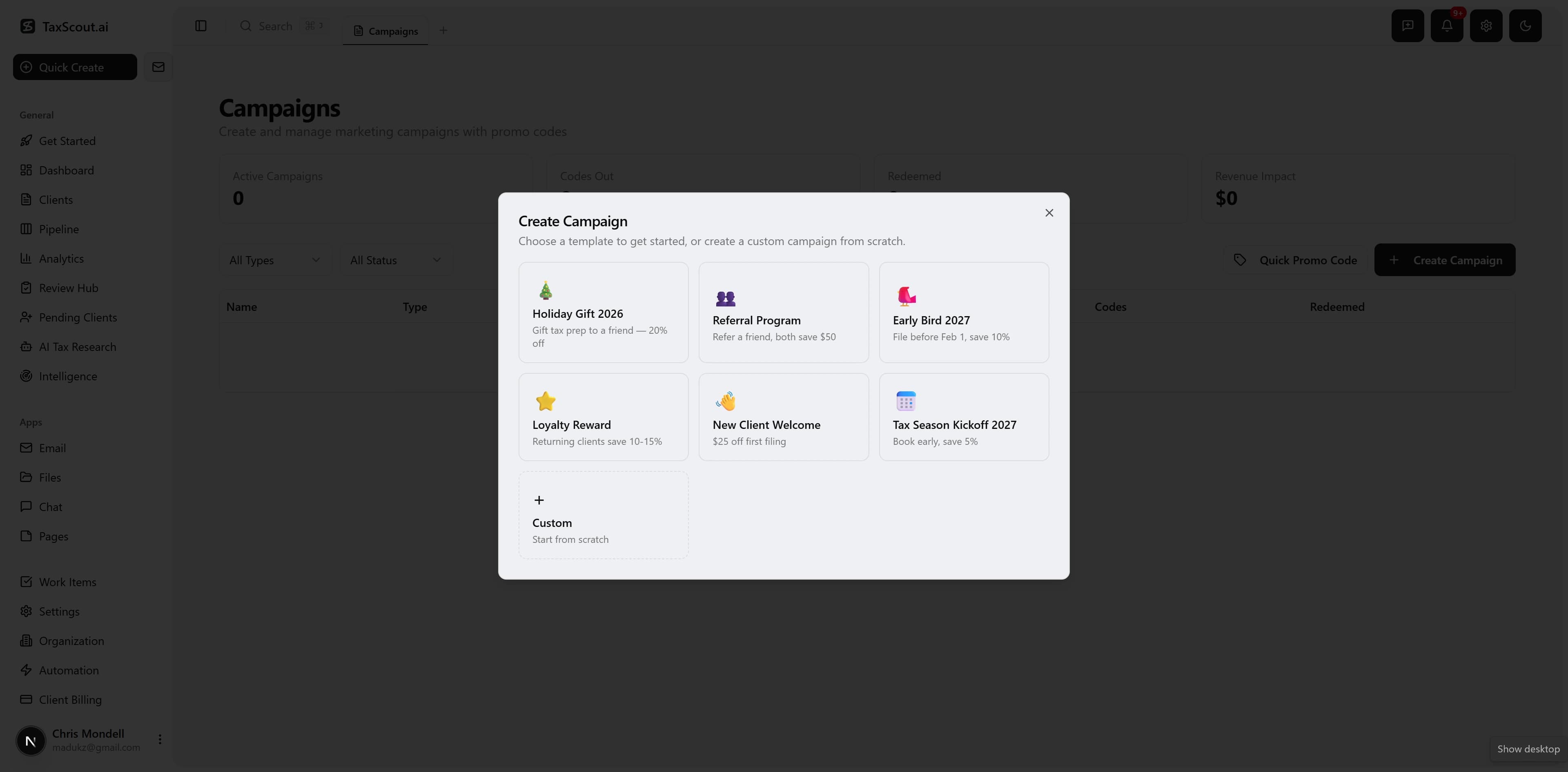 Campaign dashboard with template cards, analytics, and promo code table