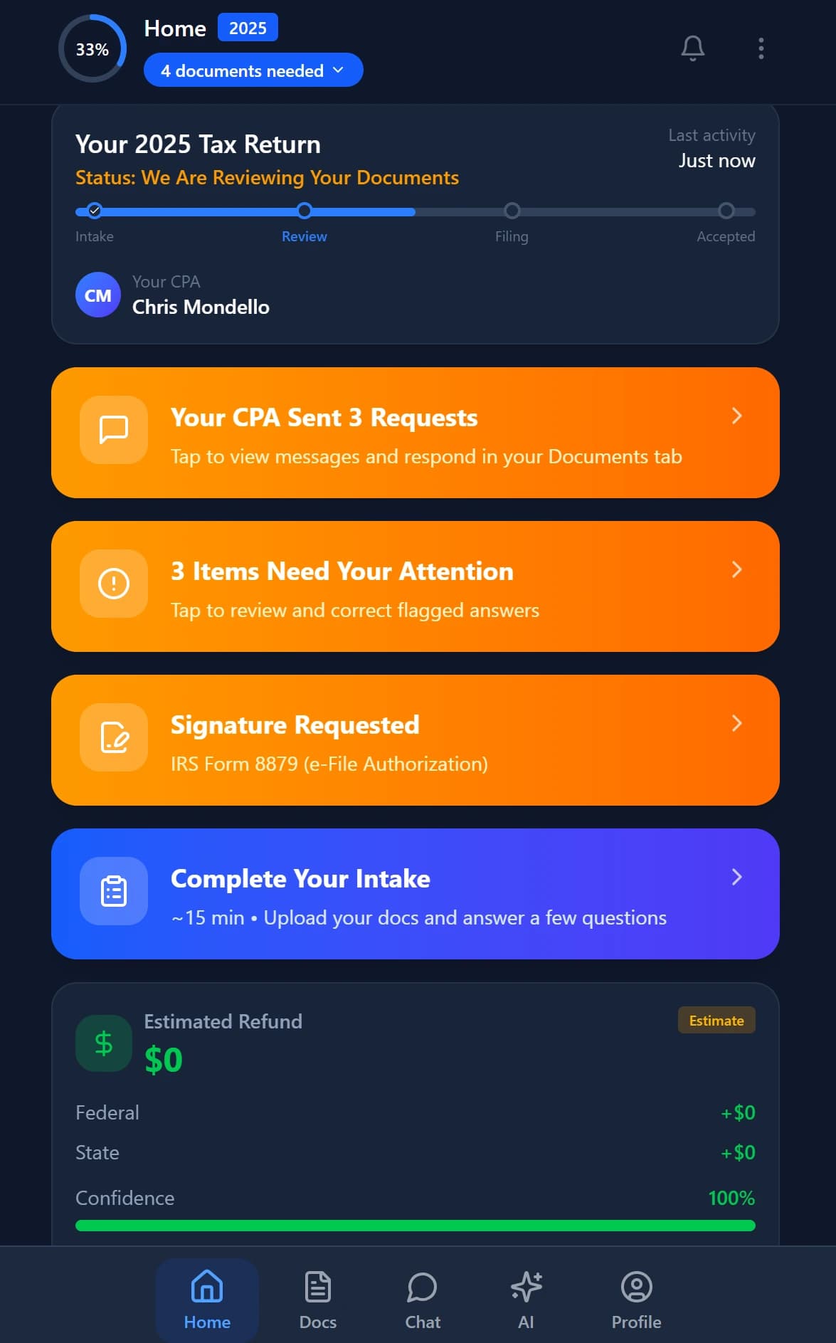 Client mobile view — signature requests and status tracking