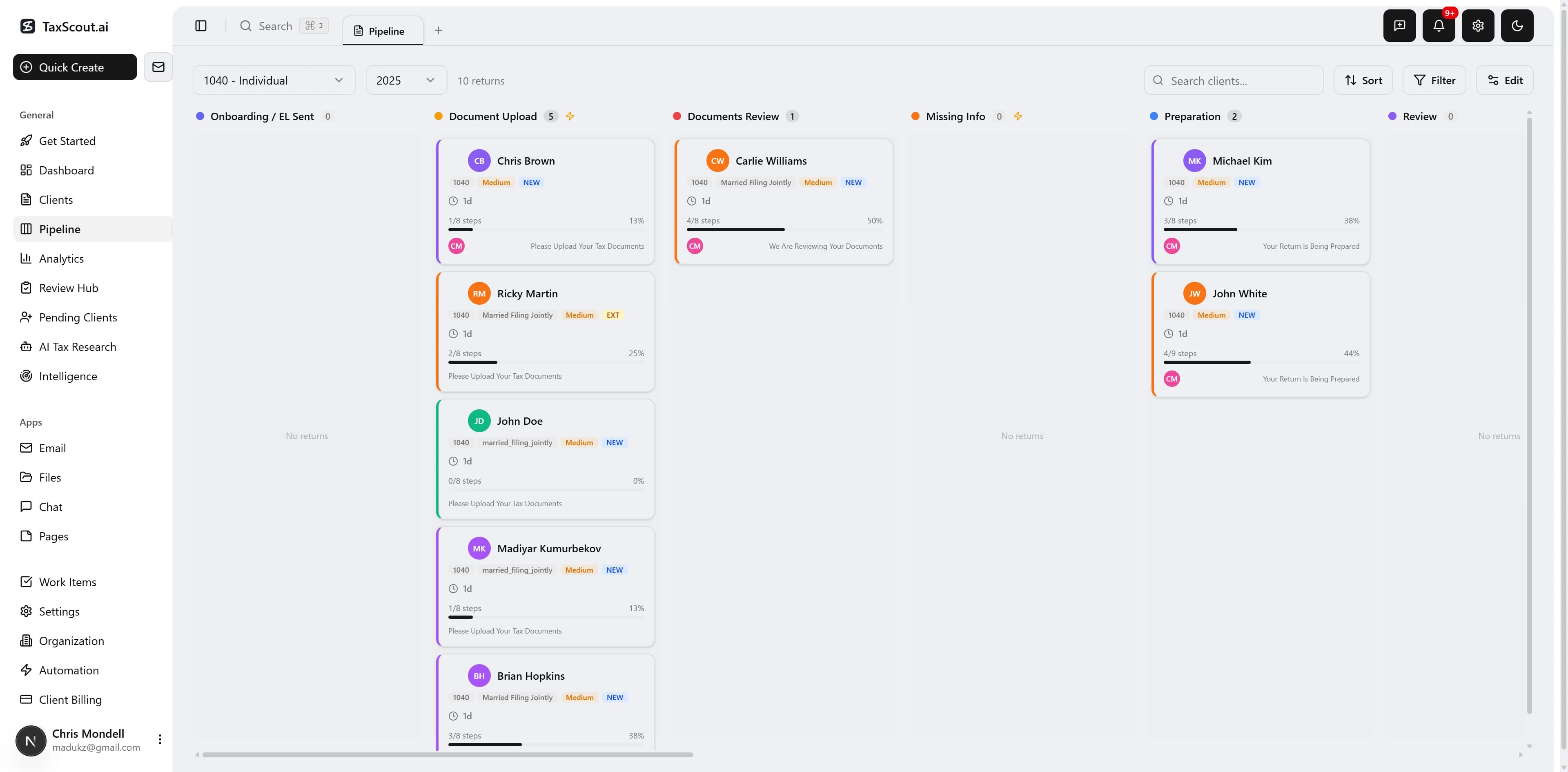Pipeline board with 15 stages, stage action dialogs, and auto-advance indicators