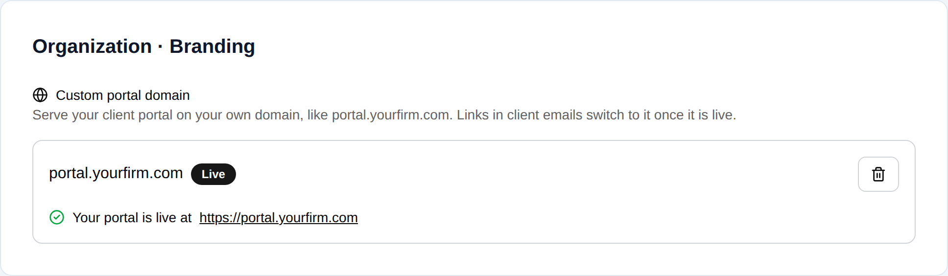 Custom portal domain settings showing portal.yourfirm.com connected with a Live status