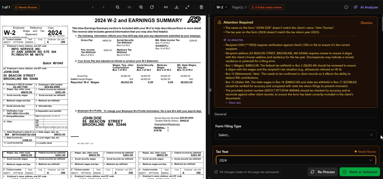 TaxScout AI preparation workflow showing document classification and extraction
