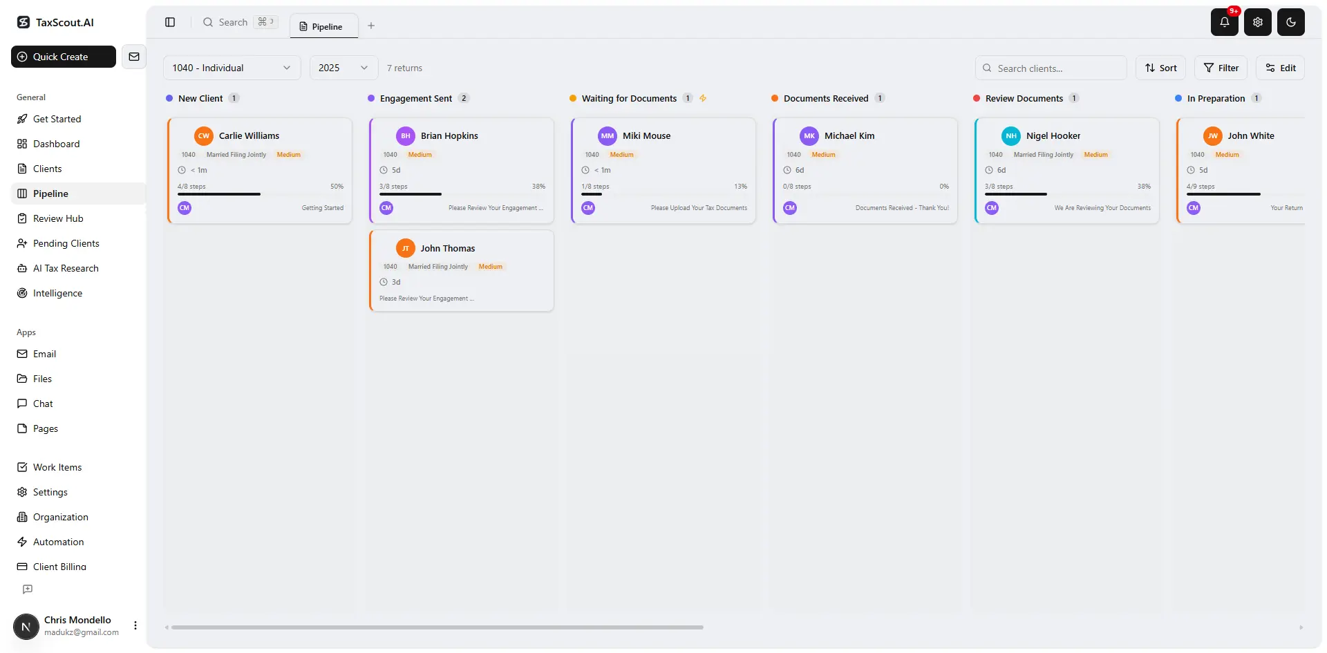 TaxScout pipeline management kanban board showing tax returns across stages