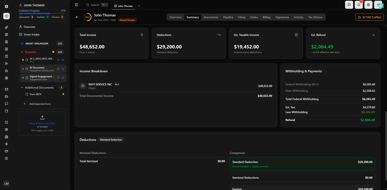 TaxScout review interface with AI research agents and client context